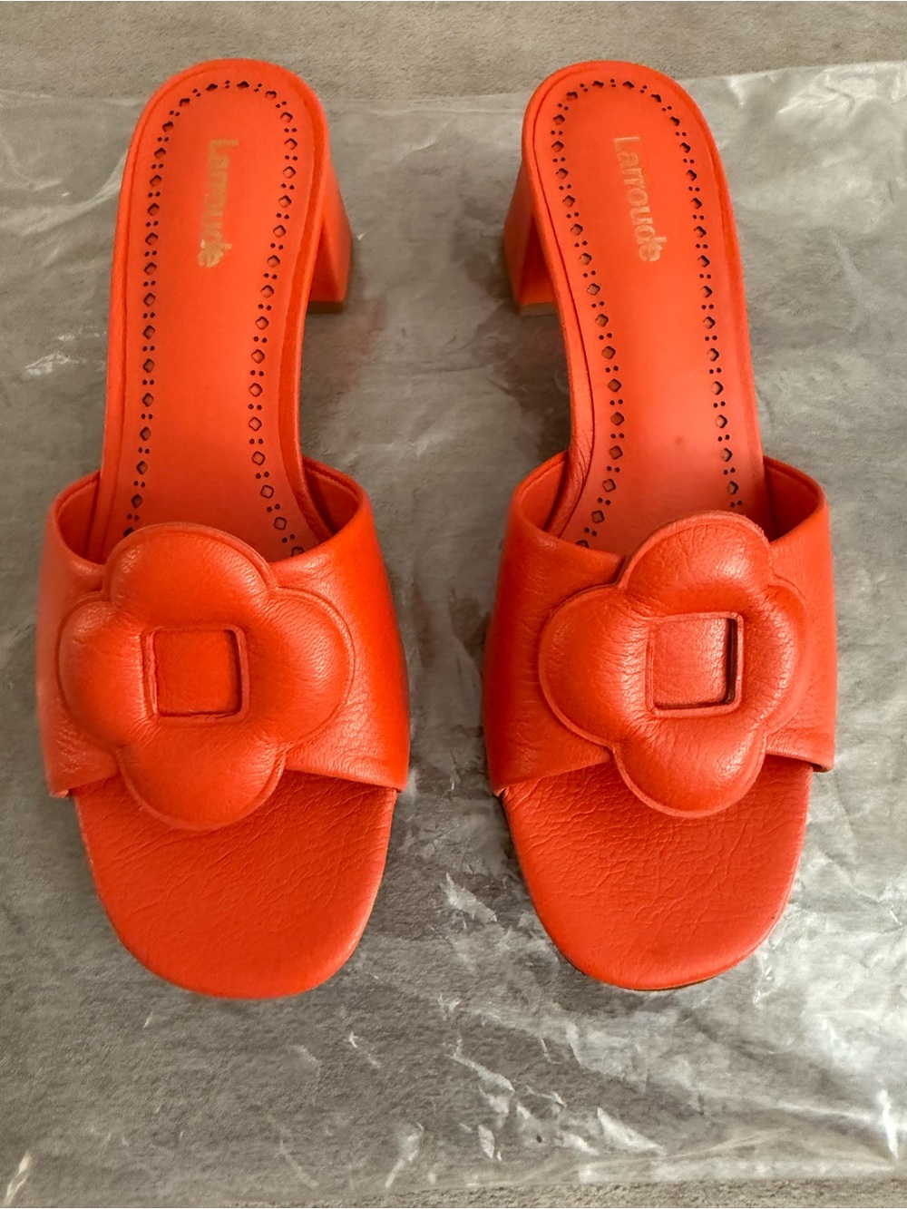 Larroude Orange Floral Appliqué Block Heel Mules